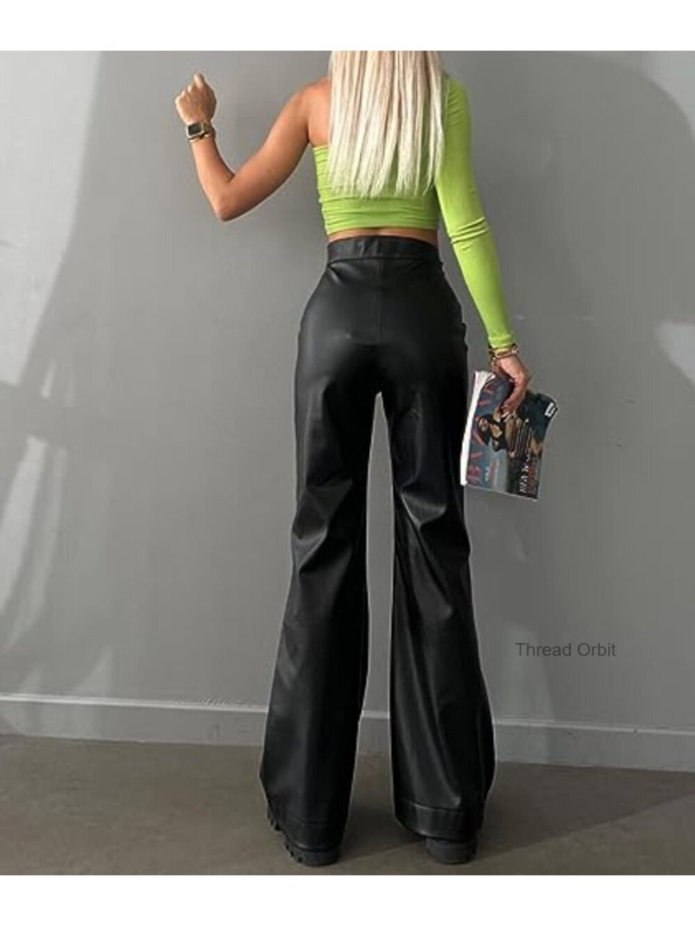 Faux Leather Lace Up Flare Pants High Waisted Straight Leg Bell Bottom - Picture 3 of 4
